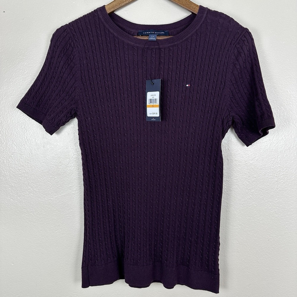 Tommy Hilfiger Women's S Short-Sleeve Cable Knit‎ Sweater Purple Preppy NEW